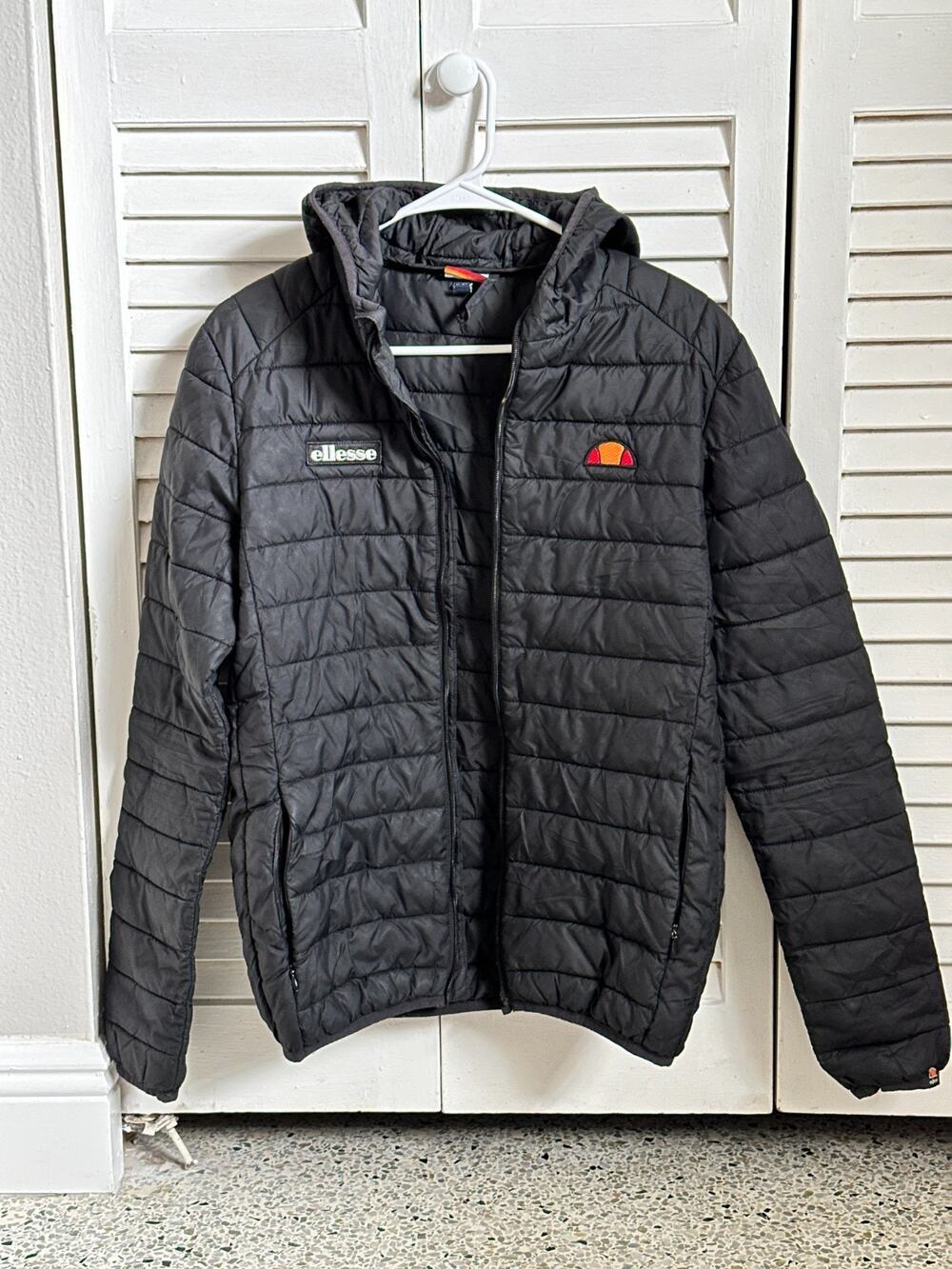 Ellesse Lombardy Padded Puffer Jacket Hooded Mens XS Black Quilted Retro Sport